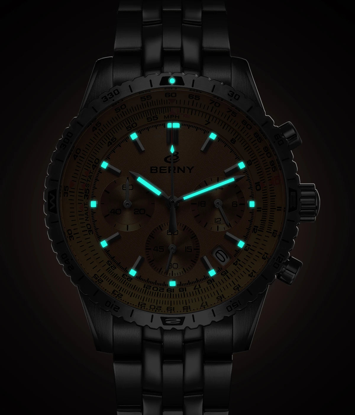 BERNY Aviation Pilot Men's Watches Quartz Chronograph Watch Date Sapphire Super Luminous Luxury Brand Dress Man Wristwatch