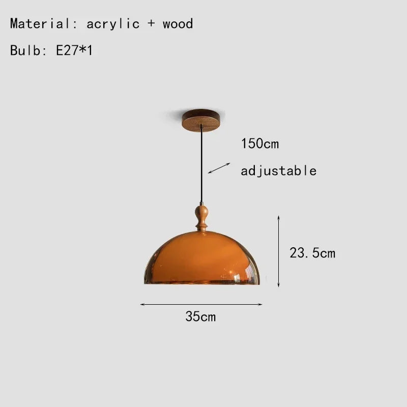 Retro Brown Acrylic Lampshade Pendant Light with Walnut Wood E27 Bulb Hanging Lamp for Dining Room Bar Adjustable Chandelier