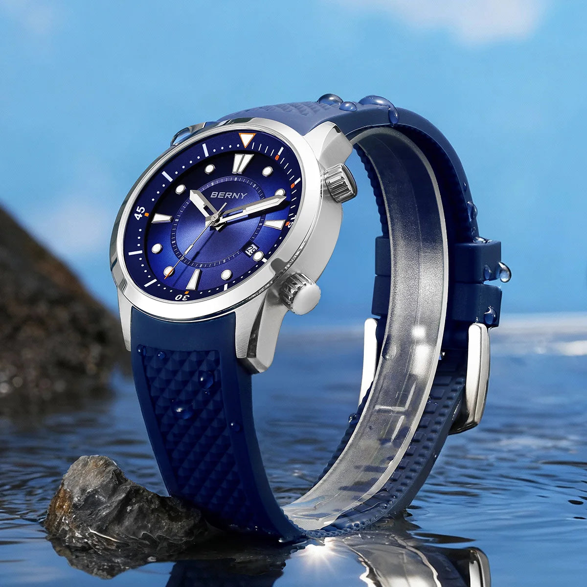 BERNY Automatic Diver Men Watch 200M Waterproof Miyota 8215 Sappire AR Coated Silicone Sports Swim Wristwatch Men's Diver Watch