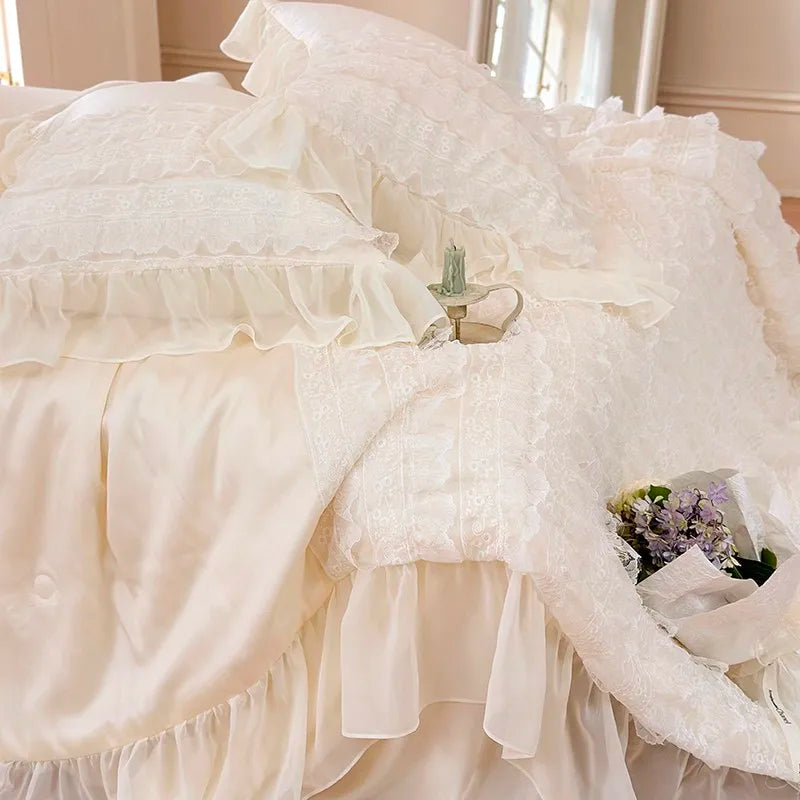 100%Eucalyptus Lyocell Cream White Lace Soft Silky Textured Wrinkle-Free Summer comforter Blanket 1Pc Flat sheet 2Pillow shams
