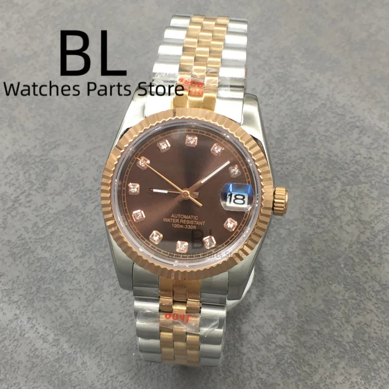 BLIGER Luxury Brown Dial Diamond Time Marks Watches For Men 36mm39mm Two Tone Rose Gold NH35 Movement Sapphire Glass Waterproof