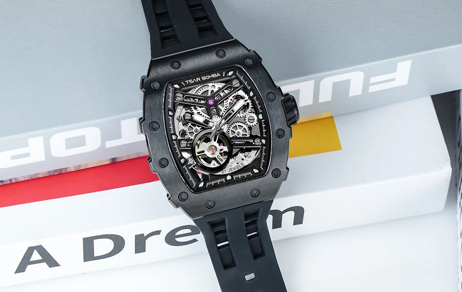 TSAR BOMBA Automatic Watch for Men Waterproof Watch Tonneau Stainless steel Mechanical Wristwatch Silicone Strap Luxury Gift