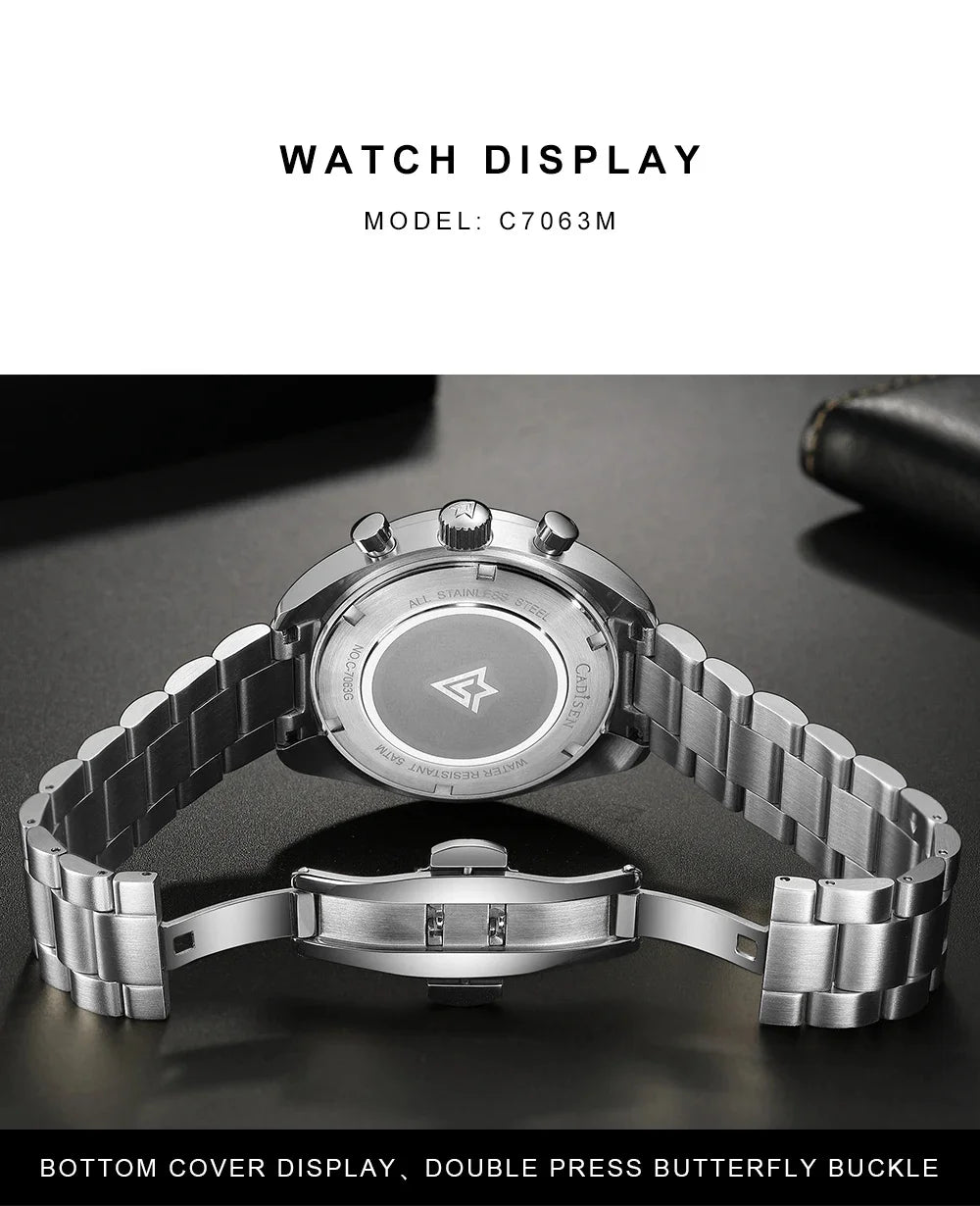 CADISEN Men's Sport Chronograph Watch Japan VD53 Movt Quartz Watches Sapphire Glass Stainless Steel Wristwatch For Men