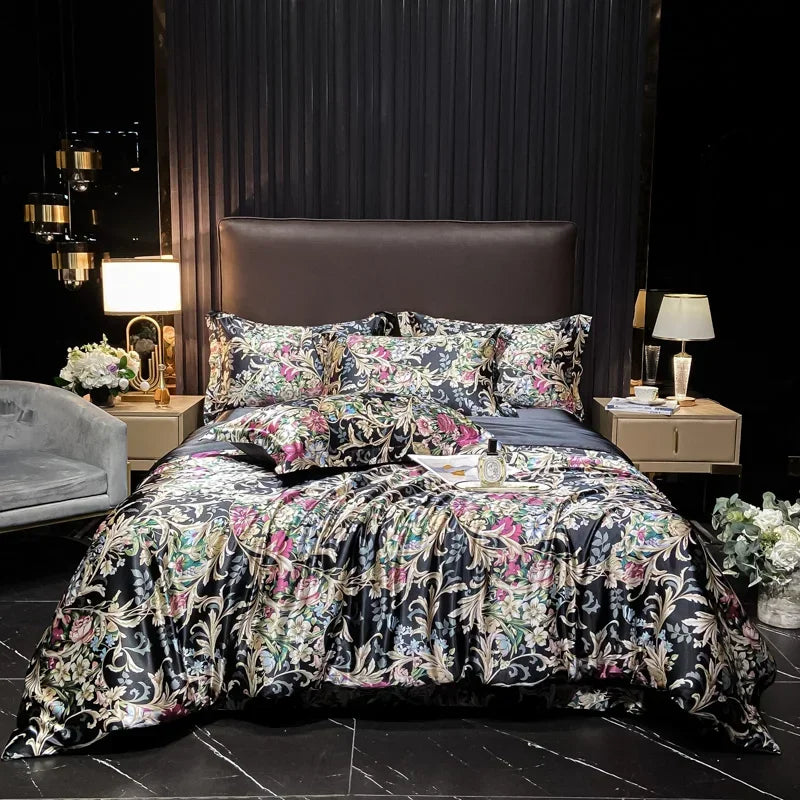 Luxury Palace Style Silk Bedding Set HighEnd Soft Silky Satin Quilt Cover Set Printed Queen King Duvet Cover Gift for Your Lover