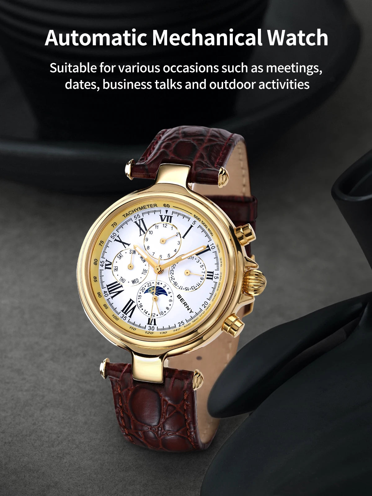 BERNY Retro-Automatikuhr für Herren mit Sonnen- und Mondphasenanzeige, luxuriöse mechanische Armbanduhr, leuchtende Möwe ST1652, klassische Herrenuhr