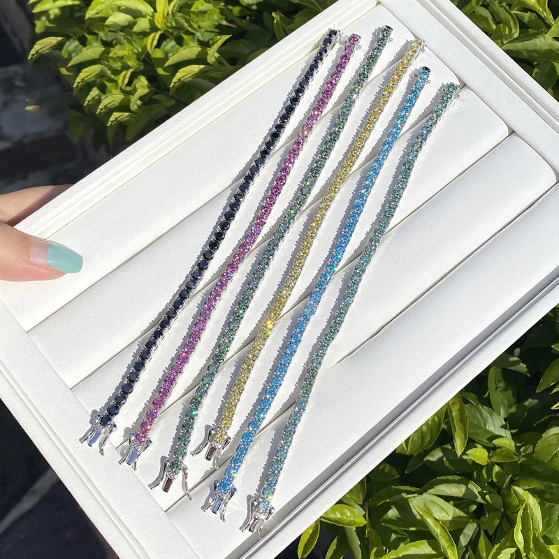 3MM Pink Full Moissanite Tennis HipHop Blue Green Yellow Purple Bracelet S925 Sliver Plated White Gold Bracelet for Women Men