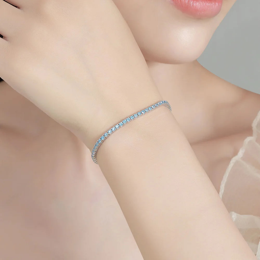 FEOBUR 2mm Blue High Carbon Diamond Tennis Bracelet for Women 925 Sterling Silver Color Gemstone Bracelets Party Jewelry Gifts