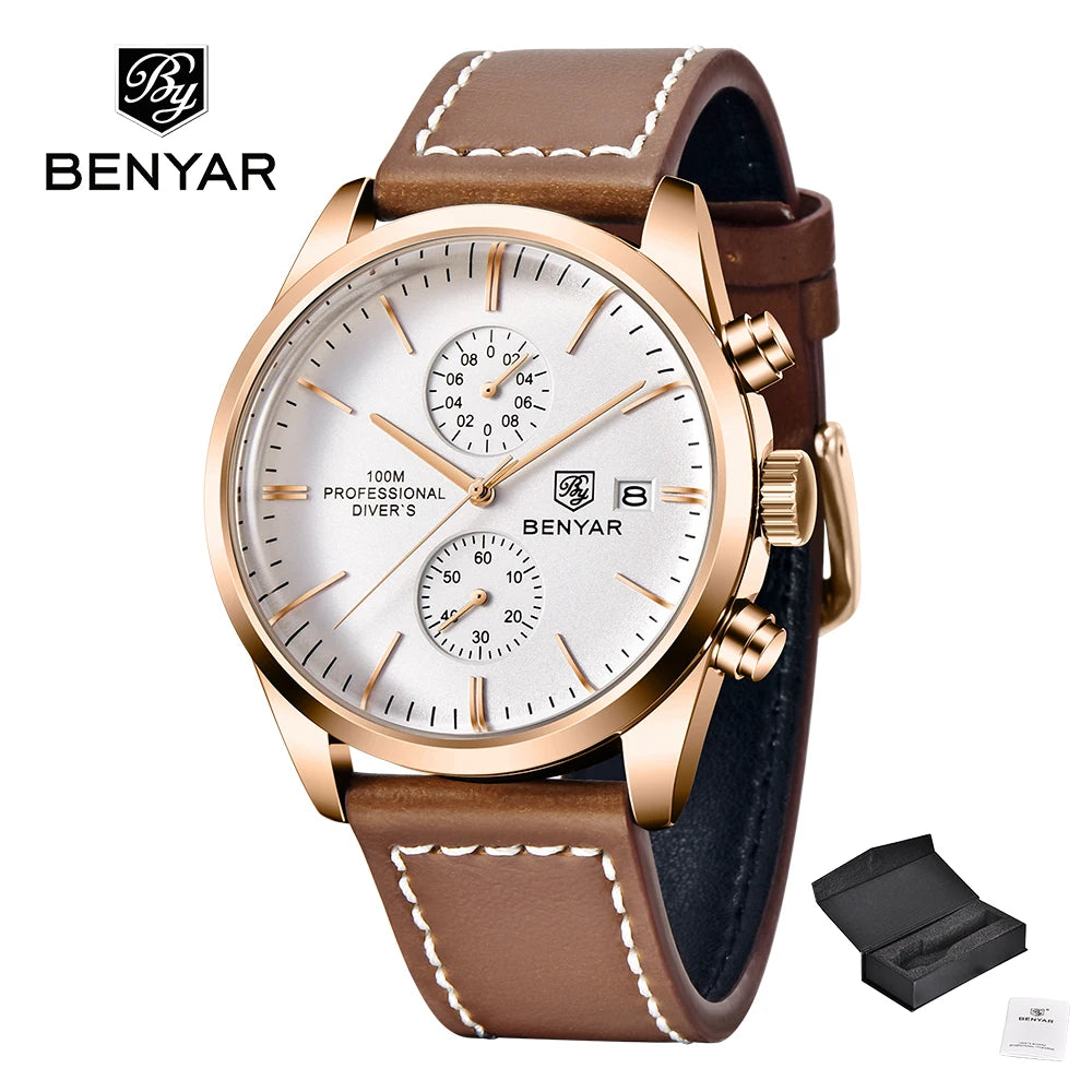 BENYAR Men Quartz Wristwatches Luxury Brand Chronograph Leather Sports Watch For Men Military 100M Waterproof Reloj Hombre 2023