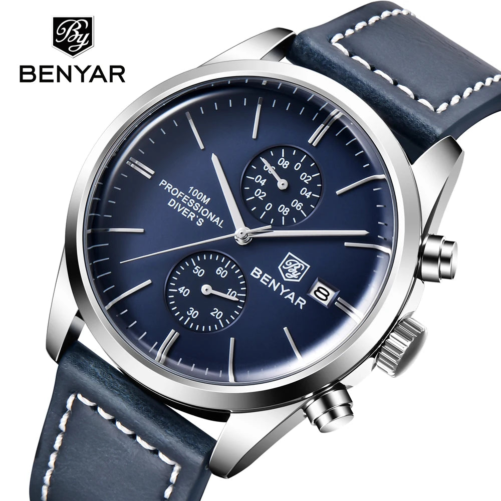 BENYAR Men Quartz Wristwatches Luxury Brand Chronograph Leather Sports Watch For Men Military 100M Waterproof Reloj Hombre 2023