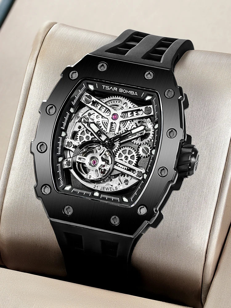 TSAR BOMBA Automatic Watch for Men Waterproof Watch Tonneau Stainless steel Mechanical Wristwatch Silicone Strap Luxury Gift