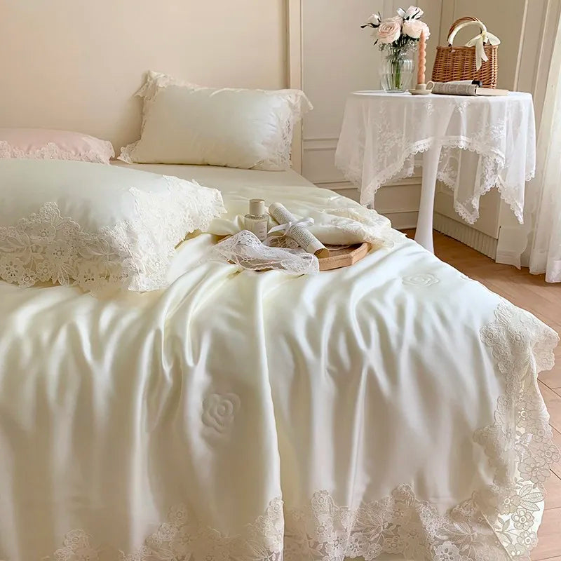 100%Eucalyptus Lyocell Cream White Lace Soft Silky Textured Wrinkle-Free Summer comforter Blanket 1Pc Flat sheet 2Pillow shams