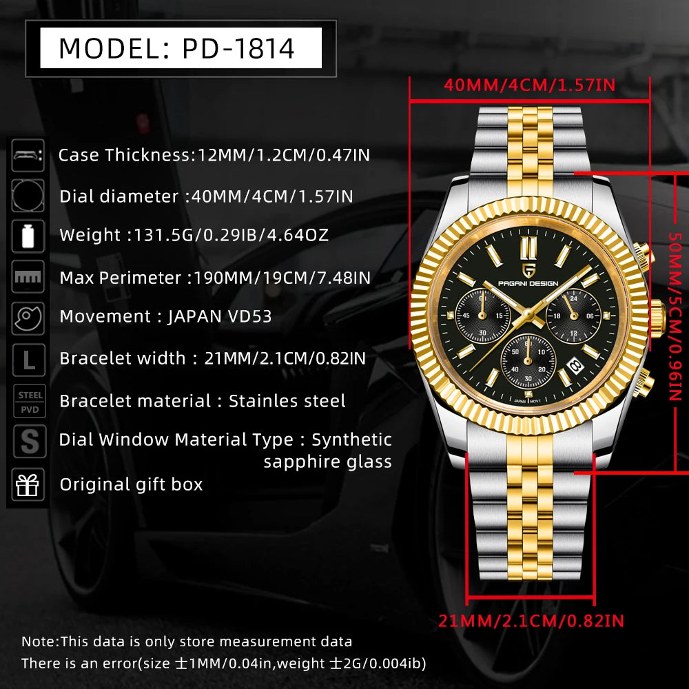 PAGANI DESIGN 2025 New PD1814 quartz watch VD53 thick 12mm stainless steel C3 sapphire watches for man pagani design watches