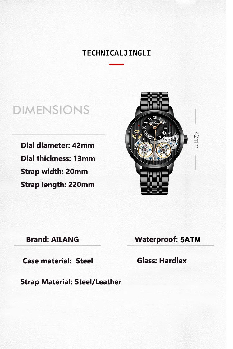 Montre de luxe AILANG pour homme, marque haut de gamme, automatique, lumineuse, noire, double tourbillon, étanche, mécanique, Relogio