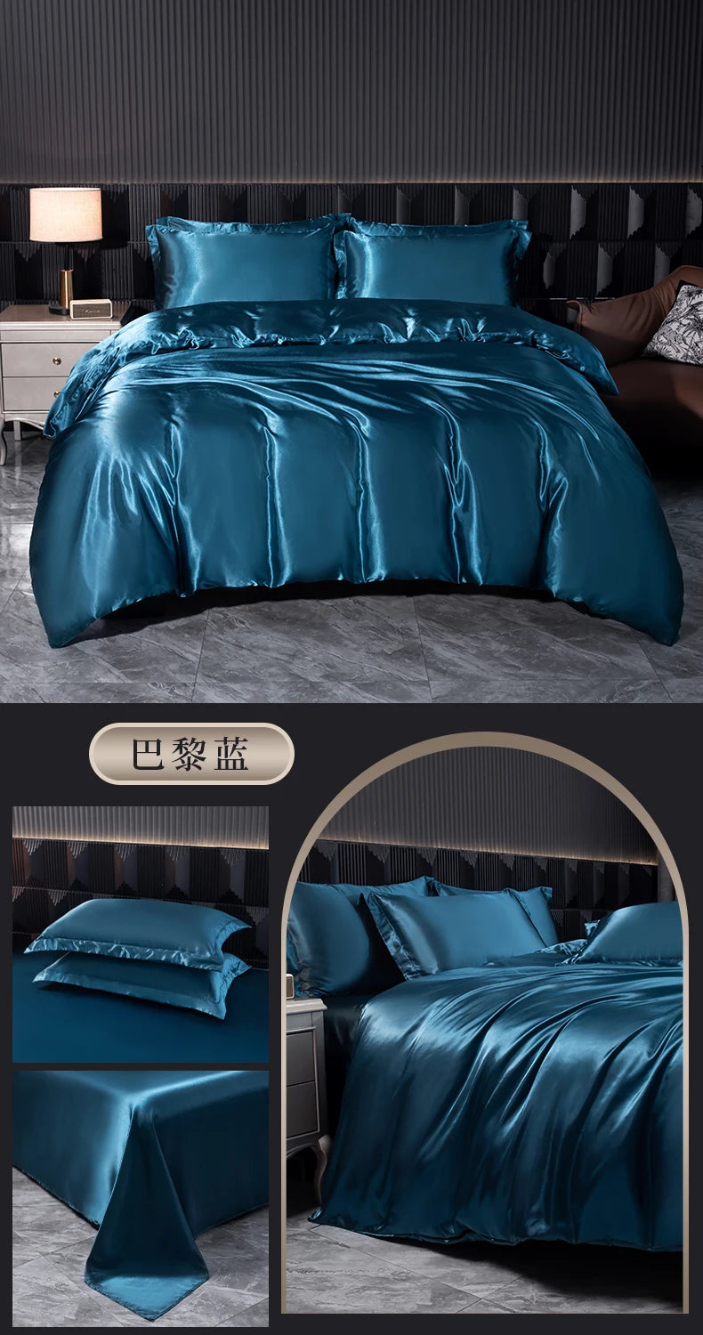 Solid Silk Bedding Set with Duvet Cover Bed Sheet Pillowcases Luxury Satin Single Double Bedsheet King Queen Twin Size