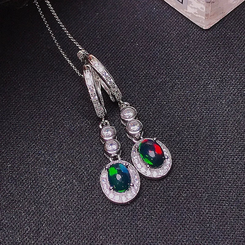 MeiBaPJ 5*7 Natural Black Opal Gemstone England Ear Drop Earrings for Women Real 925 Sterling Silver Charm Fine Wedding Jewelry