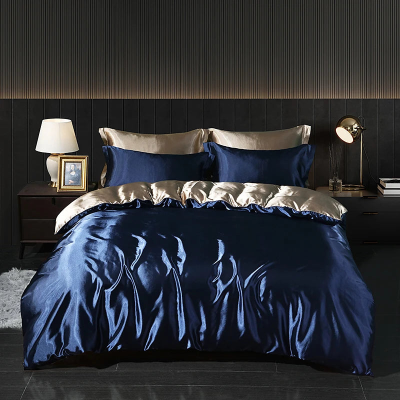 Luxury Satin  Bedding Set With Flat Sheet Duvet Cover High End Bedding Set  High Density Satin  Solid Color Bedding