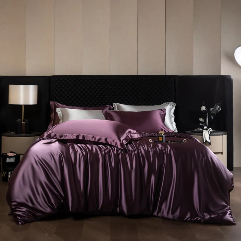 Silk Bed Sheets Set Luxury Bedding Set with Duvet Cover Fitted/Flat Bedheet Pillowcases Mixed with Rayon King Queen Full Twin
