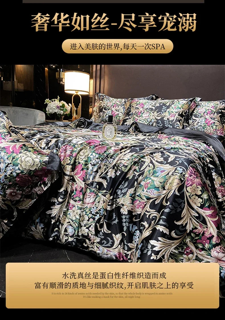 Natural Silk Bedding Set Single Double Queen King Printing Duvet Cover Luxury Quilt Cover Bedsheet Pillowcase