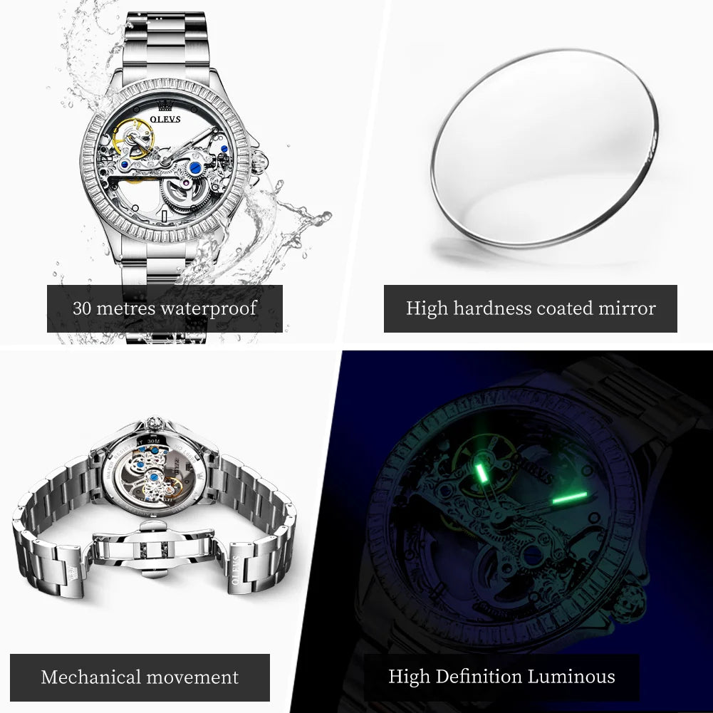 OLEVS 6699 Fully Hollow Women Mechanical Watch Luxury Flywheel Diamond bezel Brand Top Watch Women Automatic Watch Reloj Mujer