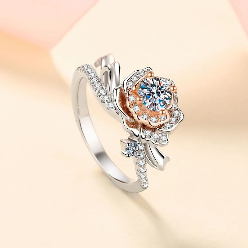 Halaile D Color Moissanite S925 Sterling Silver Rose Flower Ring Luxury Fine Jewelry Women Sparkly Bridal Wedding Gift