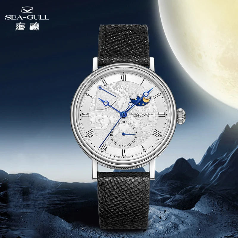 Seagull Moon Phase Watch Auspicious Clouds Special Edition Men's Automatic Mechanical Watch Luxury 41mm Watch for Men 6199 6198