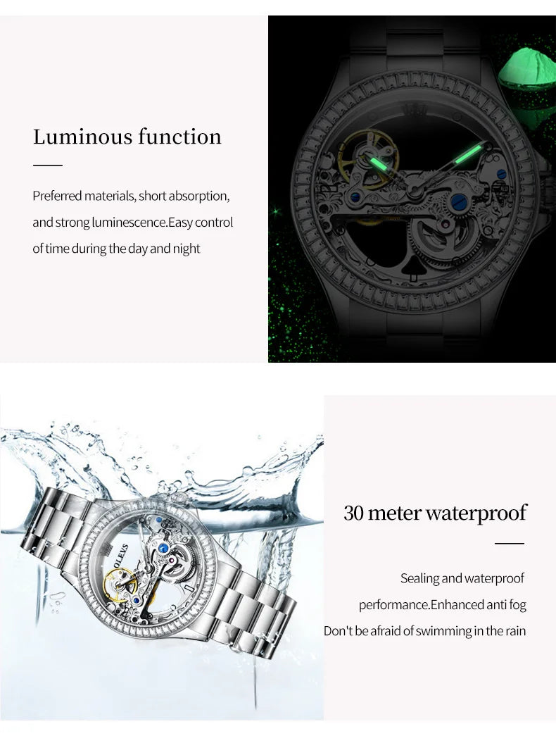OLEVS Fully Hollow Watch for Women Automatic Mechanical Women's Watches Luminous Luxury Stainless Steel Diamond Inlay Wristwatch