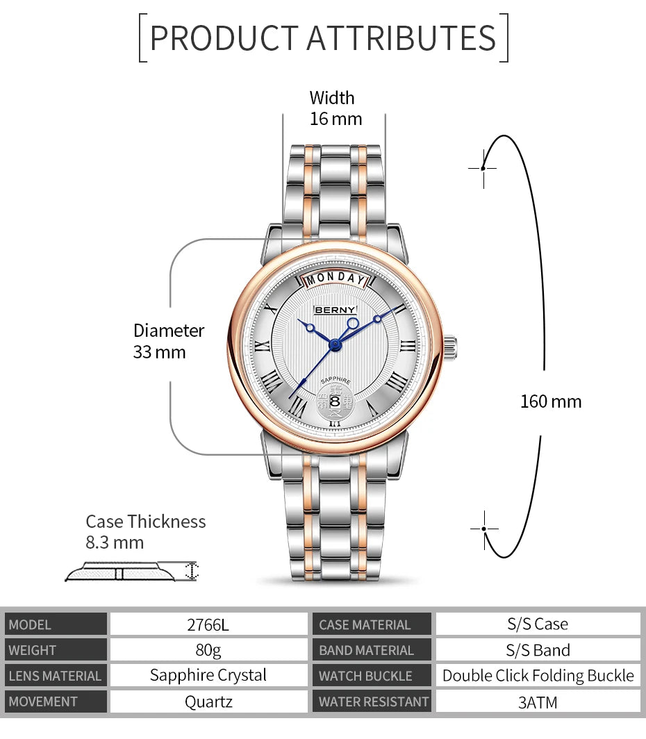 BERNY Women Watch Ladies Quartz Roman Numerals Day Date Calendar Watches Sapphire Glass Solid Steel Strap Women Wristwatch