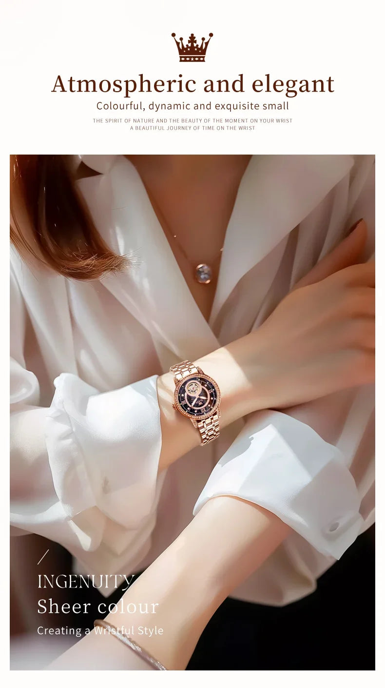 OLEVS Hollow Women's Watch Fully Automatic Mechanical Watch Luxury Diamond Inlaid Starry Sky Elegant Women's Brand Watch  7036