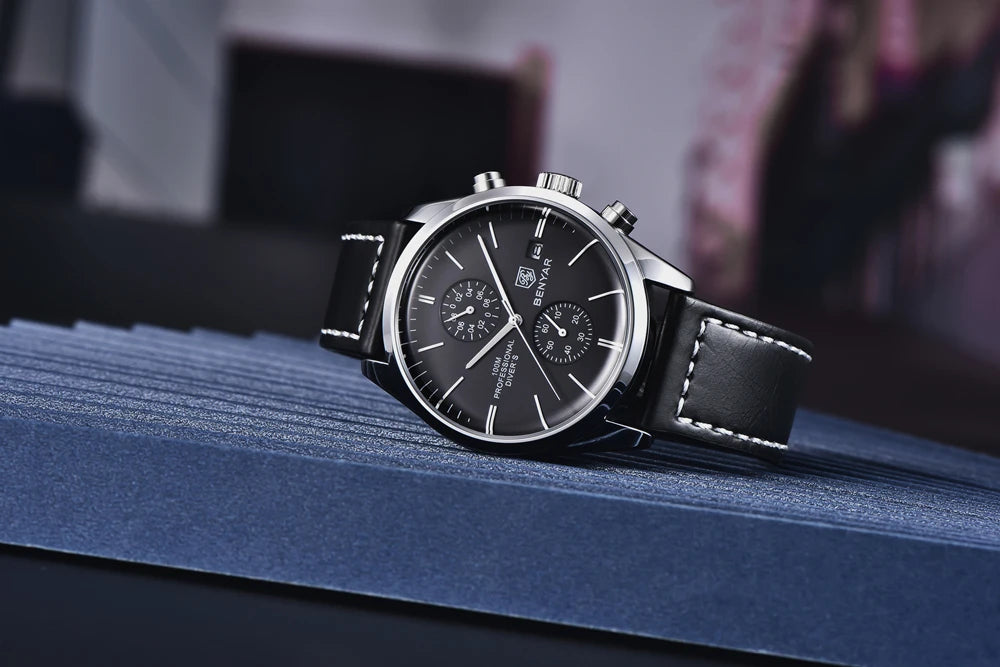 BENYAR Men Quartz Wristwatches Luxury Brand Chronograph Leather Sports Watch For Men Military 100M Waterproof Reloj Hombre 2023