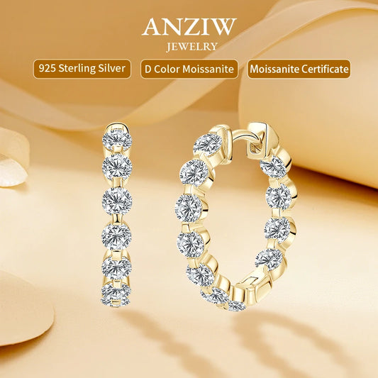 Anziw 2.2cttw. 3mm D Moissanite Hoop Earrings for Women Real 925 Silver Sparking Round Cut Lab Diamond Earrings 2025 New Jewelry
