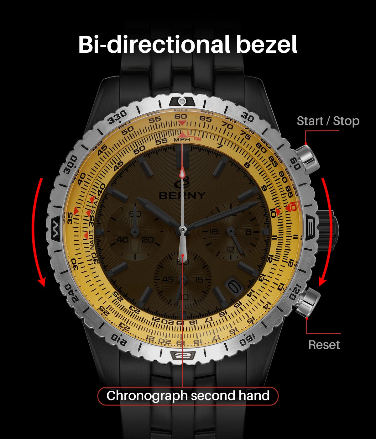 BERNY Aviation Pilot Men's Watches Quartz Chronograph Watch Date Sapphire Super Luminous Luxury Brand Dress Man Wristwatch