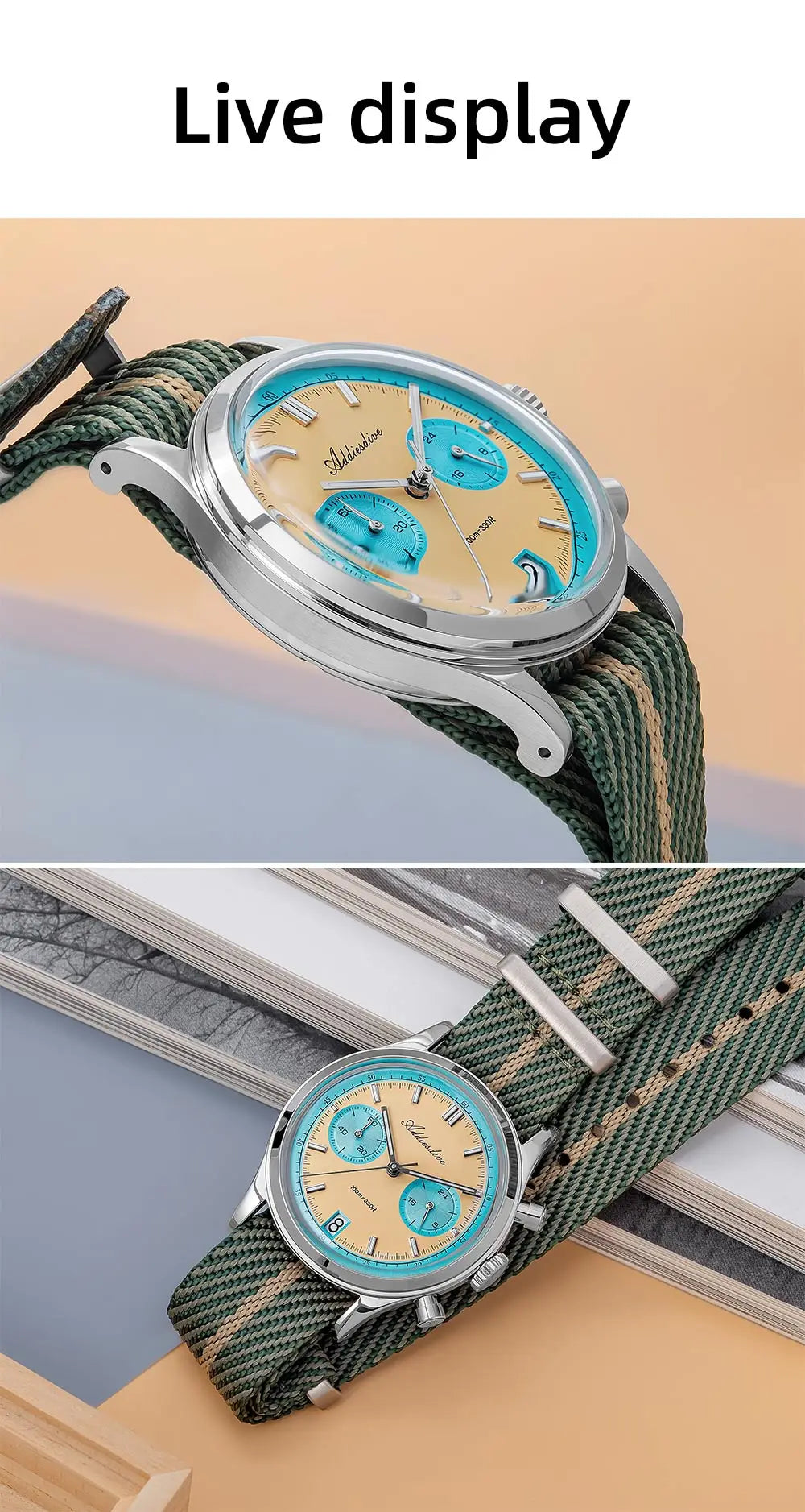 ADDIESDIVE Men's Quartz Chronograph Watch Luminous Bubble Glass 100m Waterproof Nylon Strap Watches For Man AD2095 Fashion Watch