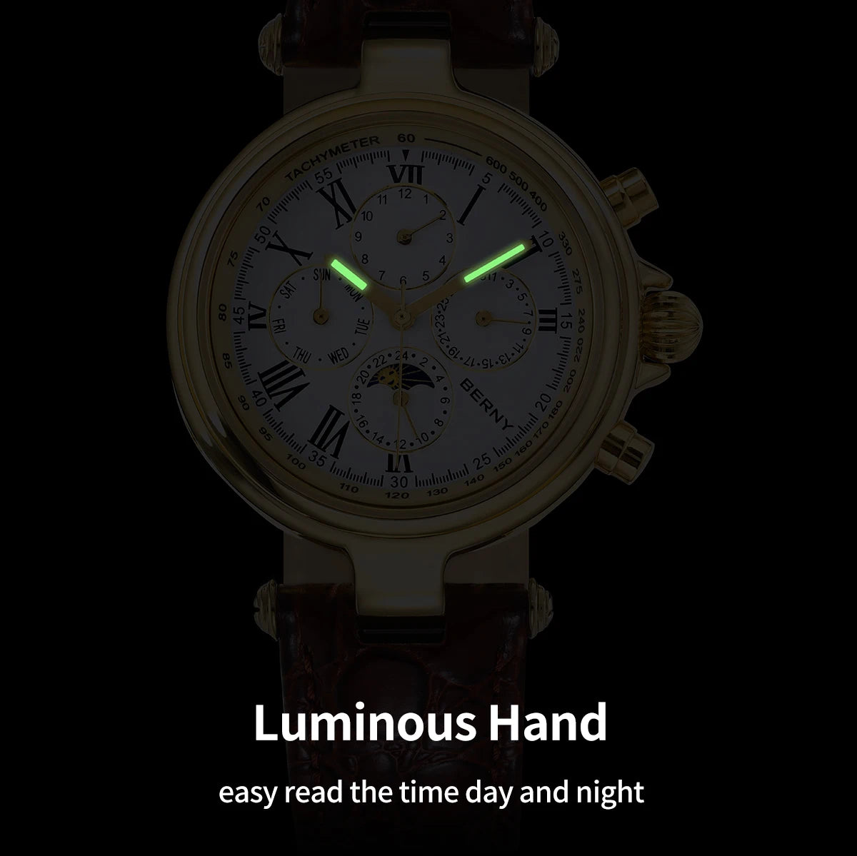 BERNY Retro-Automatikuhr für Herren mit Sonnen- und Mondphasenanzeige, luxuriöse mechanische Armbanduhr, leuchtende Möwe ST1652, klassische Herrenuhr