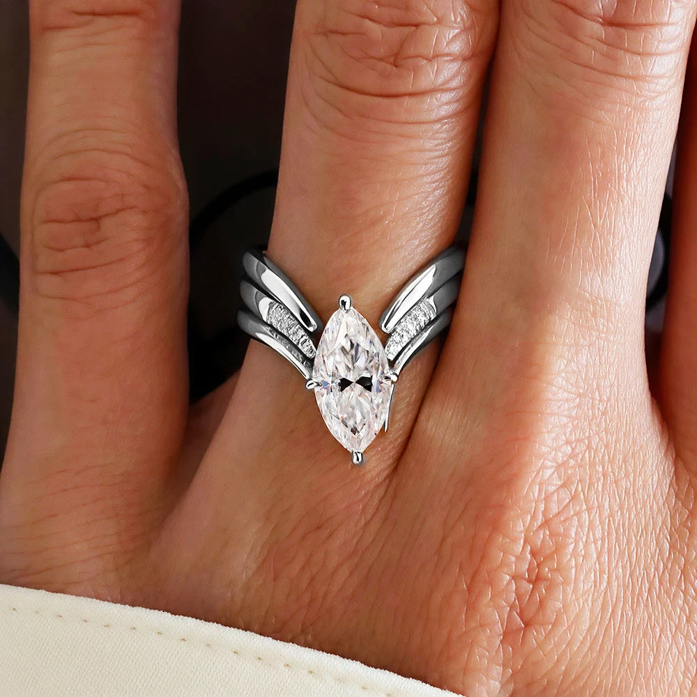 BXINY Marquise Cut Moissanite Ring Set S925 Silver Plate 18K Gold for Women GRA Certified Lab Diamond Wedding Band Gifts Jewelry