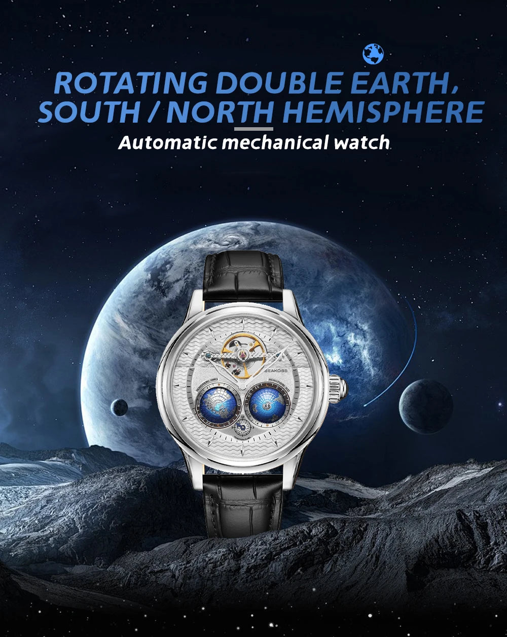 SEAKOSS Double Globe Automatic Rotating Men Mechanical Watches Earth Flywheel Device Men's Military Wristwatches 1963 Clock