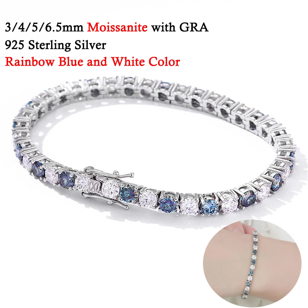 3/4/5/6.5MM Full Royal Blue Moissanite Tennis Bracelet for Women Men Original 925 Sterling Silver Wedding Party Jewelry with GRA