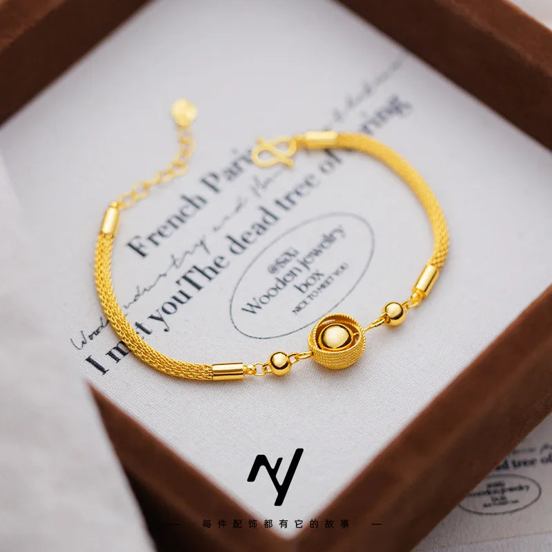 Women's Bird's Nest Lucky Bead Bracelet, 24K Gold, AU999 | "Stability" engraving with branch motifs, subtle professional charm.