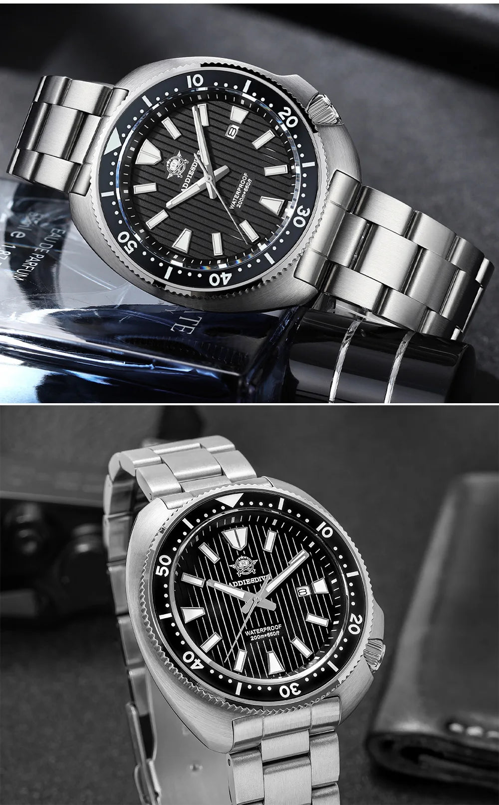 ADDIESDIVE Men's Watch Stainless Steel Sapphire Crystal Quartz Watch Men's Luminous 200M Waterproof Gift Men's Analog Watch