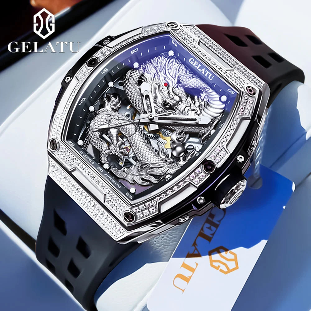 GELATU 6021 Men's Watch Fashion Automatic Mechanical Watch For Men Hollow Waterproof Luminous Dragon Dial Luxury Man Wristwatch