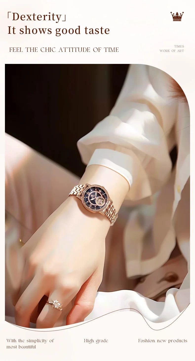 Montre femme tourbillon à strass et ciel étoilé, marque de luxe, couleur or rose, automatique, mécanique.