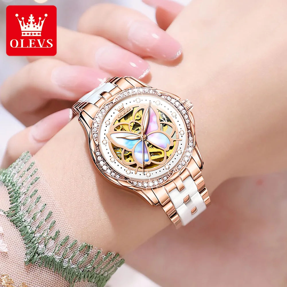 OLEVS Luxury Fashion Women's Watches Colorful Butterfly Dial Original Brand Automatic Mechanical Wristwatch Ceramics Strap Trend