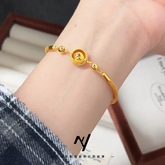 Women's Bird's Nest Lucky Bead Bracelet, 24K Gold, AU999 | "Stability" engraving with branch motifs, subtle professional charm.
