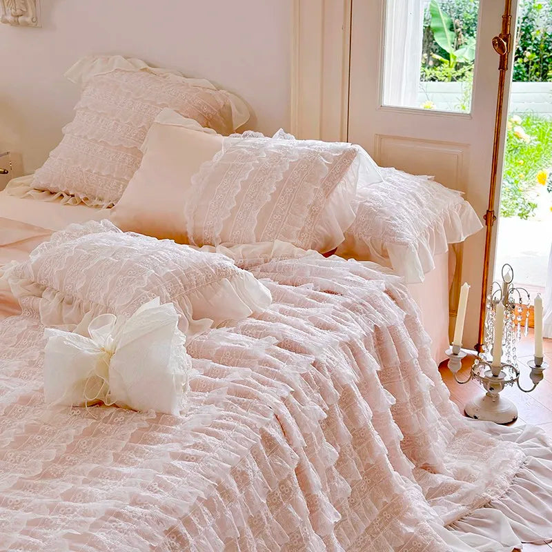 100%Eucalyptus Lyocell Cream White Lace Soft Silky Textured Wrinkle-Free Summer comforter Blanket 1Pc Flat sheet 2Pillow shams