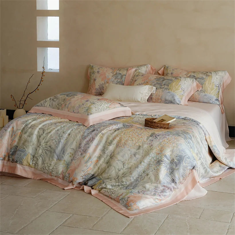 Luxury 22mm Mulberry Silk Bedding Set Romantic Floral Duvet Cover Pillowcases Bed Sheet Set Luxury Bed Linen King Queen Size