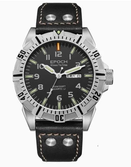 EPOCH Men Quartz Watch Luminous 10Years Lithium Battery Japan Movement Rotated Dial WR100M Sapphire Chinese English Day Military