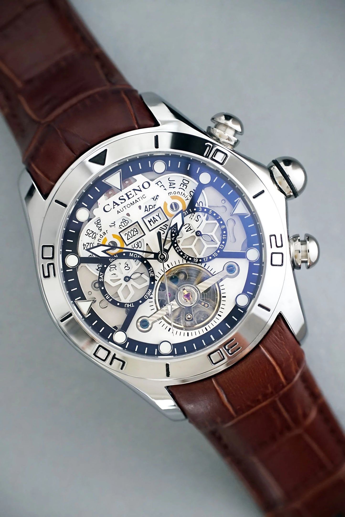 CASENO brand bubble perpetual calendar fully automatic tourbillon large dial mechanical watch belt watch -58284G