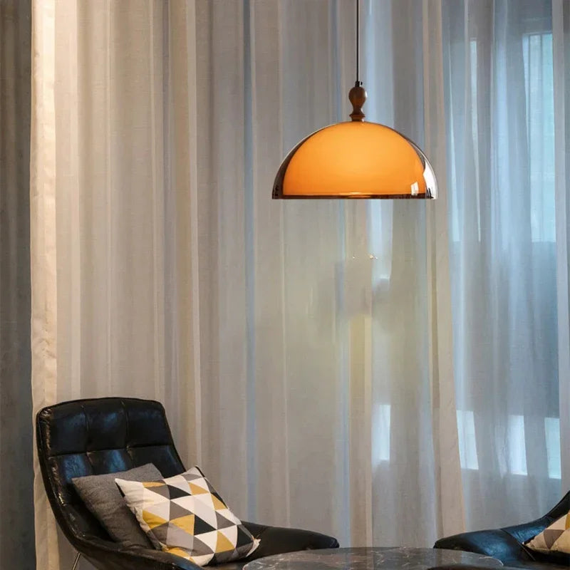 Retro Brown Acrylic Lampshade Pendant Light with Walnut Wood E27 Bulb Hanging Lamp for Dining Room Bar Adjustable Chandelier