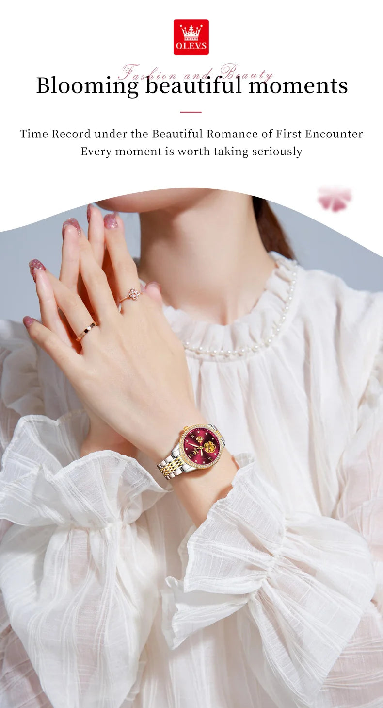 OLEVS 6706 Elegante Damenuhr mit Diamanten, wasserdicht, mit Nachtlicht, Automatikwerk, mechanisches Uhrwerk, Geschenkset