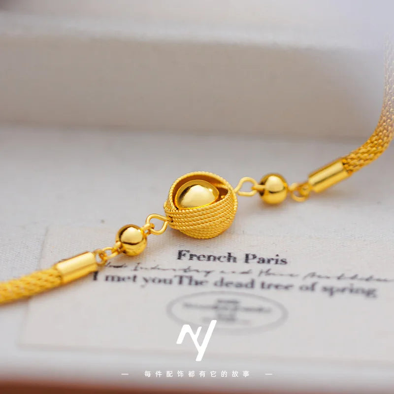 Women's Bird's Nest Lucky Bead Bracelet, 24K Gold, AU999 | "Stability" engraving with branch motifs, subtle professional charm.