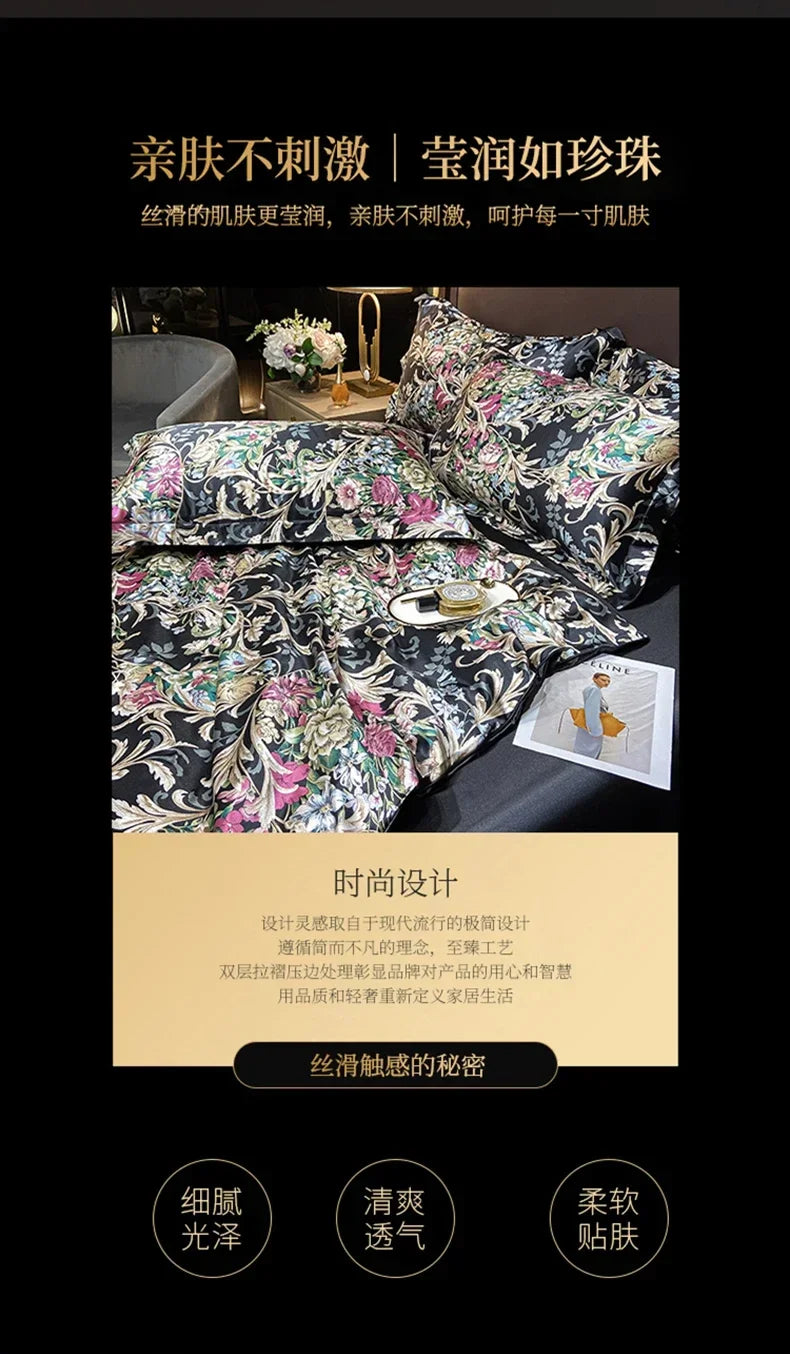 Natural Silk Bedding Set Single Double Queen King Printing Duvet Cover Luxury Quilt Cover Bedsheet Pillowcase